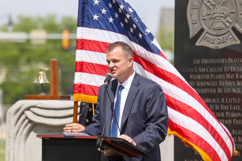 Kankakee County State's Attorney Jim Rowe speaks during the annual Law Enforcement Officers Memorial Ceremony honoring Kankakee County officers, held on the lawn of the Kankakee County Courthouse on Thursday, May 15, 2025.