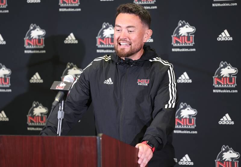 Northern Illinois University women’s soccer head coach Michael O’Neill answers a question Tuesday, Aug. 6, 2024, during NIU fall sports media day in the Barsema Hall of Champions at NIU in DeKalb.