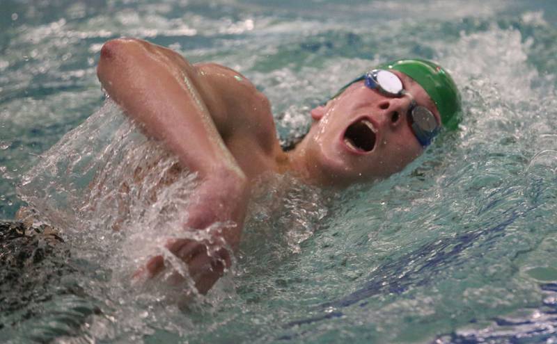 L-P Co-op swimmer Henry Pinter competes in the 100 yard freestyle event during a triangular meet against Morrison and Olympia on Wednesday, Jan. 22, 2025 at the Illinois Valley YMCA in Peru.