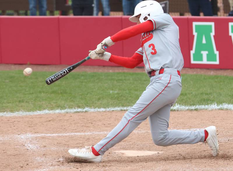 Ottawa's Rory Moore gets a hit against L-P on Thursday, Apri 30, 2026 at Huby Sarver Field in the L-P Athletic Complex in La Salle.