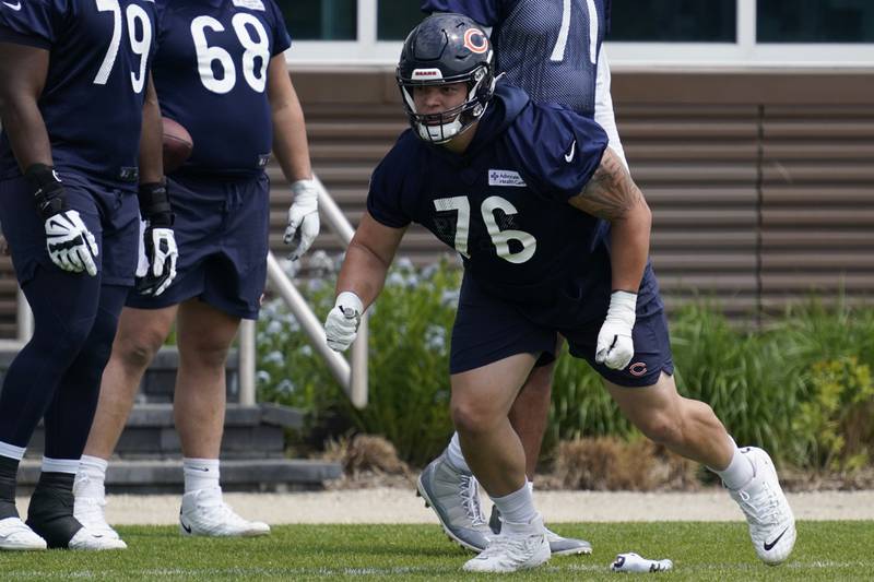 Chicago Bears offensive line Teven Jenkins works on the field at the team's practice facility, Tuesday, May 24, 2022, in Lake Forest.