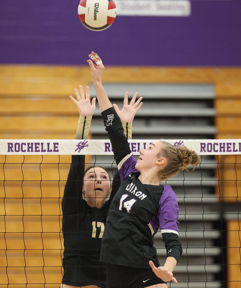 Sycamore's Laney Block and Dixon’s Leah Carlson go after the ball Thursday, Oct. 30, 2025, during their Class 3A regional championship match in Rochelle.