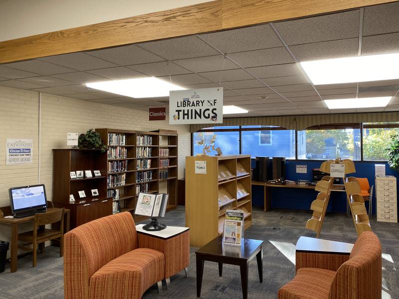 The library of things at the Morris Public Library. Those interested in checking items out will take a card off the shelf and ask for help at the front desk.