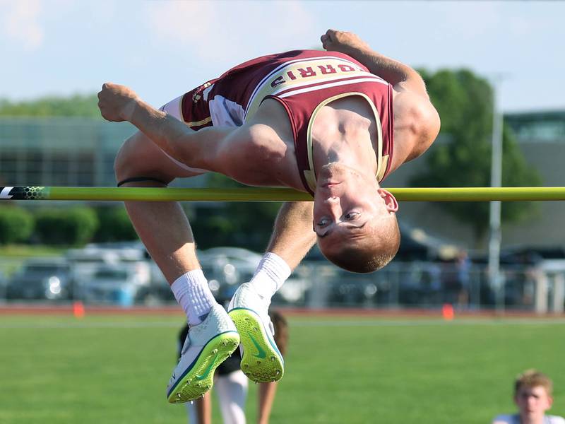 Morris’ Owen Noon clears the bar in the high jump Tuesday, May 13, 2025, during the Interstate 8 Conference boys track championships at Rochelle High School.