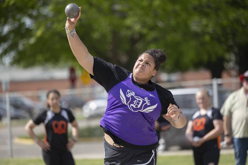 Dixon’s Payton Cox throws the shot Wednesday, May 14, 2025, during Sectionals at Sterling High School.