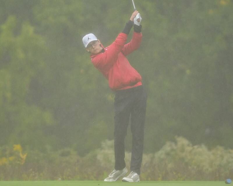 Proviso West's golfer Logan Komperda tees off during the West Suburban golf match on Tuesday Sept. 24, 2024, held at Prairie Bluff Golf Course in Crest Hill.