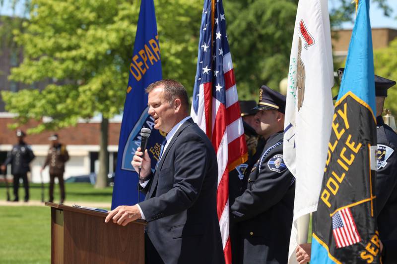 Kankakee County State's Attorney Jim Rowe speaks during the Kankakee County Law Enforcement Memorial on Thursday, May 14, 2026, at the Kankakee County Courthouse.
