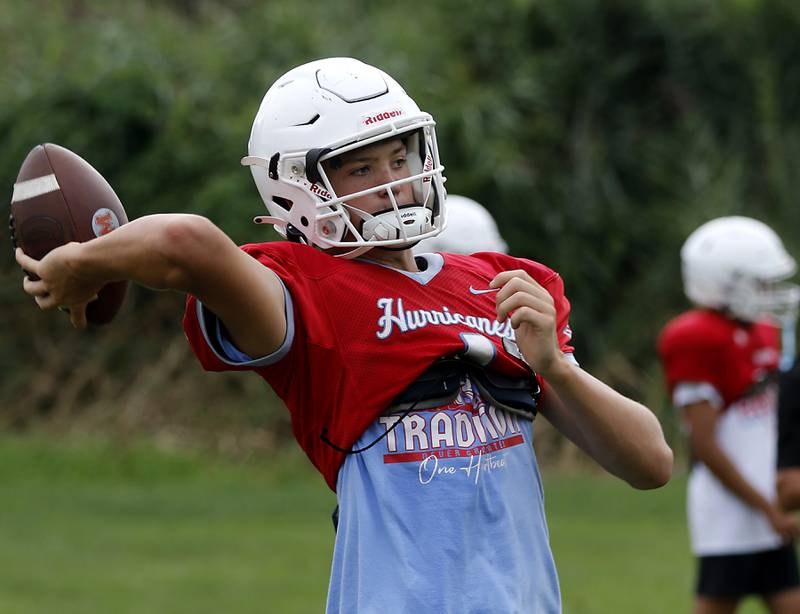 Marian Central’s Colin Hernon throws a pass during football practice on Tuesday, August 19, 2025, at Marian Central  High School in Woodstock.