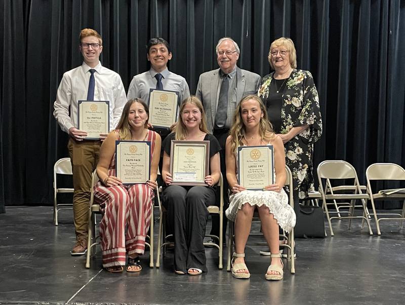 Recipients of PC Rotary Awards include (L-R, seated): Faith Pack, Erin Brooker and Linzee Fay and (L-R, standing): Eli Postula and Isac Alvarado, joined by PC Rotary Scholarship Chair Scott Shore and Club President Brenda Bickerman.