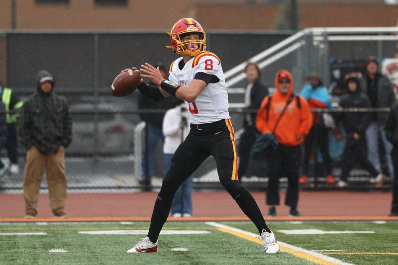 Batavia’s Michael Vander looks to pass against Lincoln-Way West on Saturday, Nov. 9, 2024 in New Lenox.