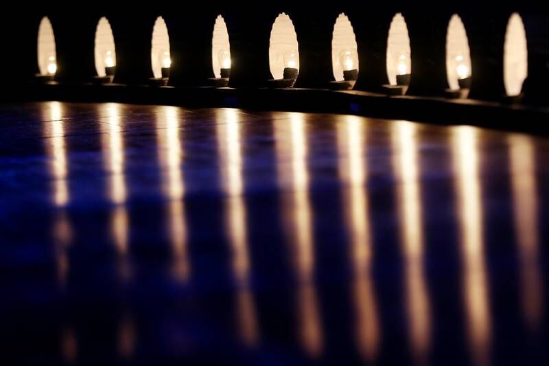 The stage lights reflect on the stage during a rehearsal of the musical comedy "Curtains" at Prairie Ridge High School on Wednesday, Feb. 24, 2021 in Crystal Lake.  The show will be taped and streamed online March 19, 20, and 21 at 7pm.