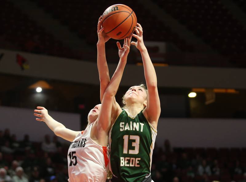 St. Bede's Ashlyn Ehm grabs a rebound over Altamont's Peyton Osteen during the Class 1A third-place game on Thursday, Feb. 29, 2024 at CEFCU Arena in Normal.