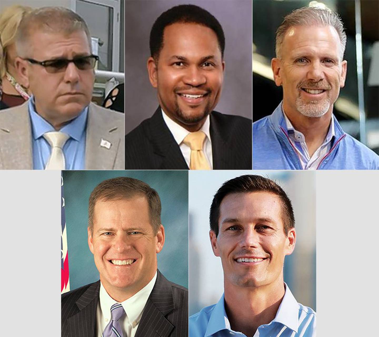 2022 Republican candidates for Illinois governor. Upper from left, Darren Bailey, Richard Irvin, Gary Rabine. Lower left, Paul Schimpf, Jesse Sullivan