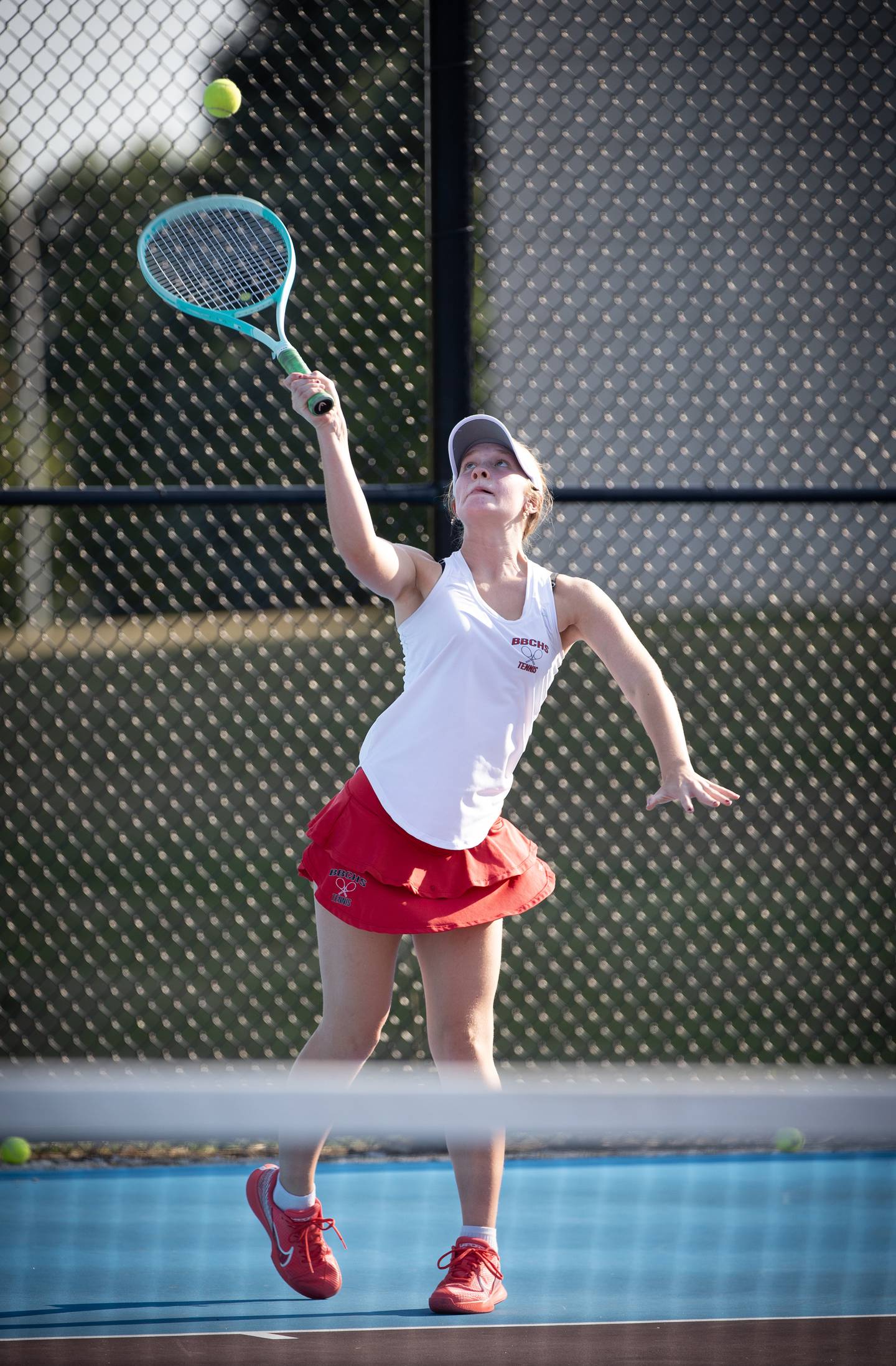 Bradley-Bourbonnais' Lauren Fischer makes a serve in a match against Kankakee's Samantha Medina on Wednesday, September 10, 2025.