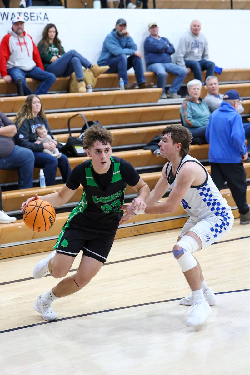 Bishop McNamara's Karter Krutsinger drives against Clifton Central's Blake Chandler during the Fightin' Irish's 62-41 victory in the Watseka Holiday Tournament championship on Tuesday, Dec. 16, 2025.