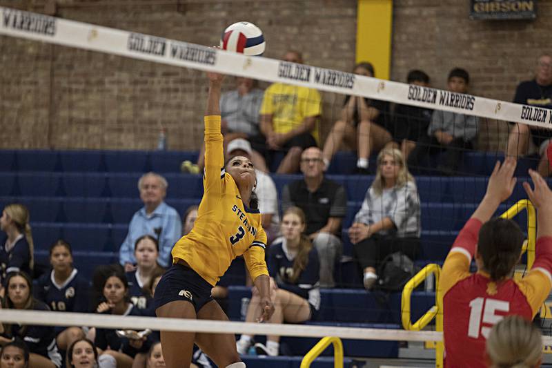 Sterling’s Delali Amankwa hammers a shot against Rock Island Tuesday, Oct. 3, 2023 in Sterling.