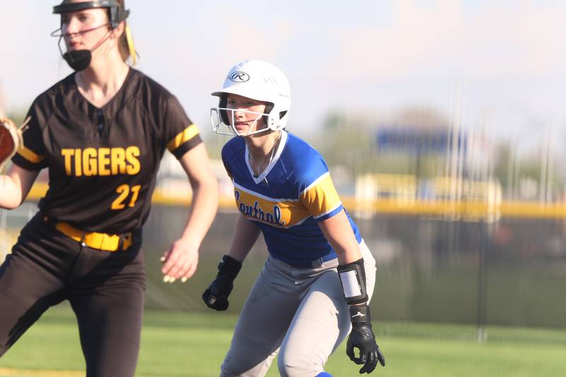 Joliet Central’s Riley Smith leads off at first base against Joliet West on Wednesday, April 22, 2026 in Joliet.