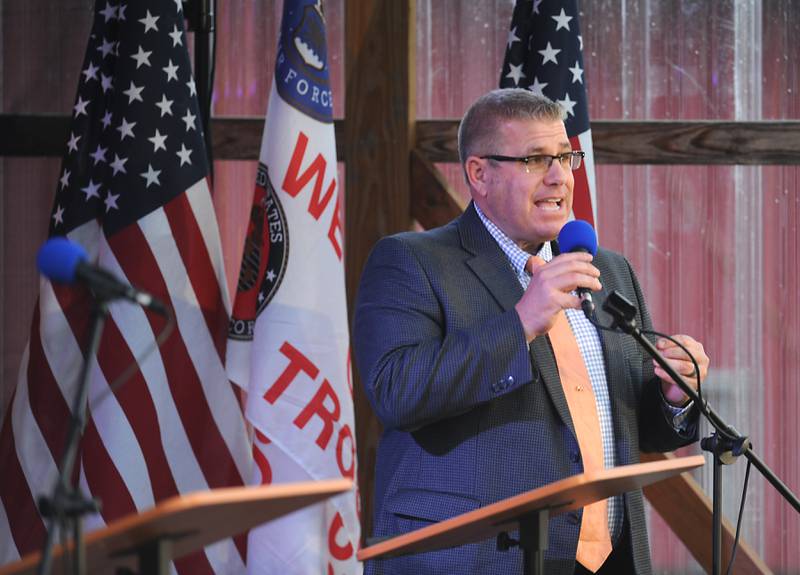 Republican gubernatorial candidate Darren Bailey speaks during the Grand Old Party at the Farm Forum on Saturday, June 4, 2022, at Richardson Farm, 909 English Prairie Road, in Spring Grove. The all day event forum featured Republican candidates up and down the ticket on multiple stages.