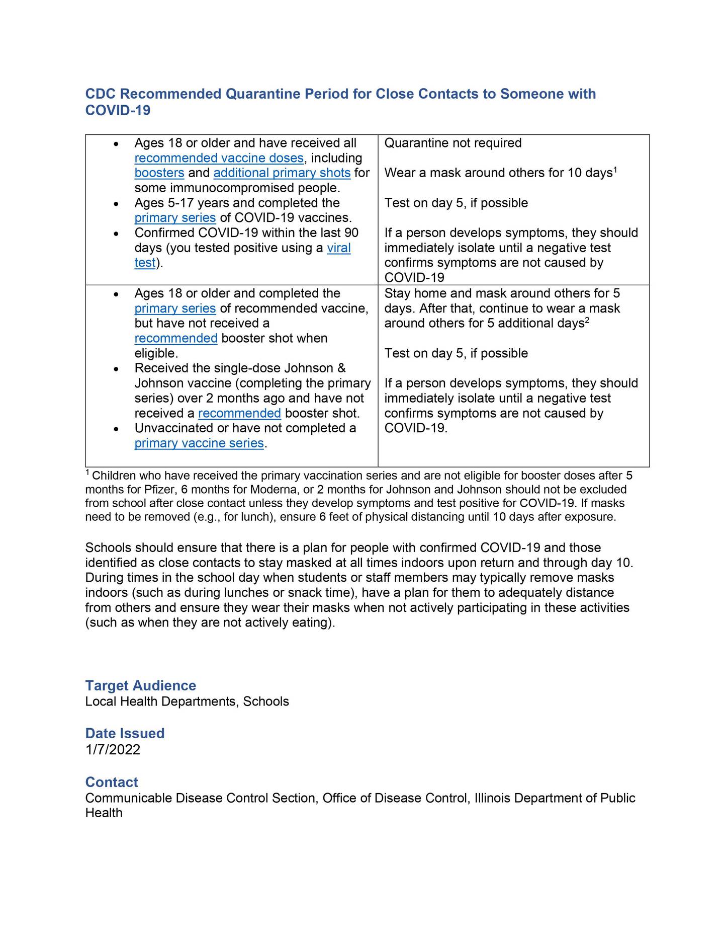 Updated K-12 guidance for COVID-19 exposure related to quarantine and isolation, according to the Illinois State Board of Education and the US Centers for Disease Control & Prevention (Document provided by Illinois State Board of Education)