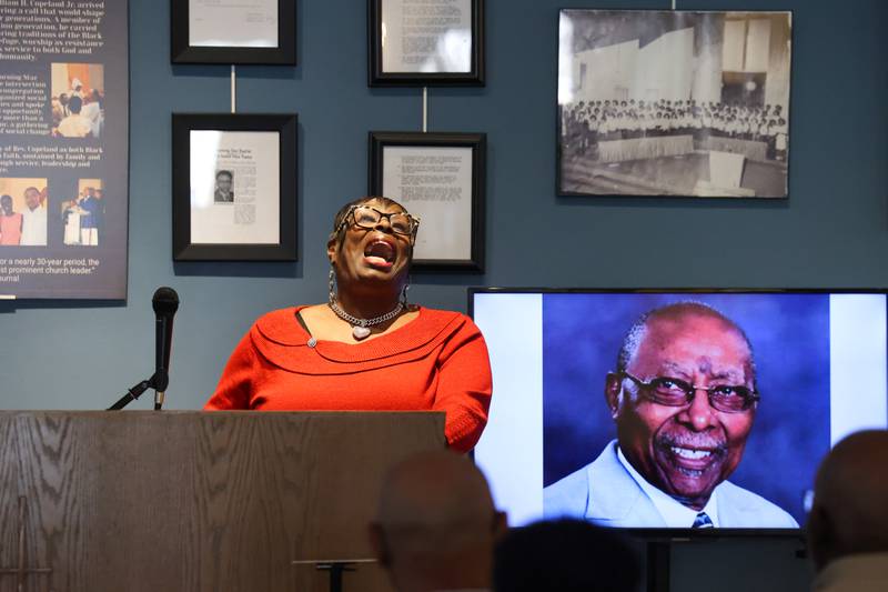 Addie Wallace, a 40-year parishioner of the late Rev. William Copeland of Kankakee, performs a gospel song during the opening of the exhibit 'Called to Kankakee: The Life and Legacy of the Rev. William H. Copeland Jr.' at the Kankakee County Museum on Saturday, Feb. 7, 2026.