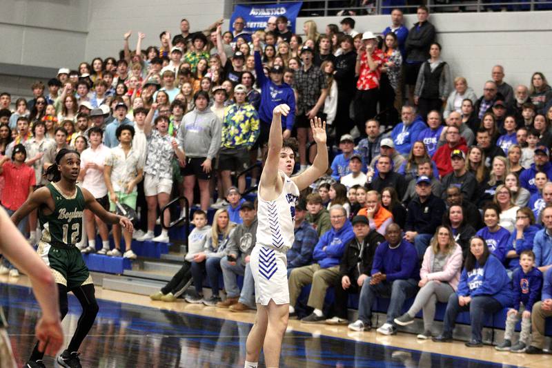 Burlington Central’s Matthew Lemon takes an outside shot against Rockford Boylan in IHSA Class 3A sectional action at Burlington Central High School on Wednesday night.