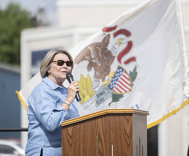 Dixon Board of Education President Linda Wegner speaks at the “Mark Dallas Way” naming ceremony Tuesday, May 30, 2023.