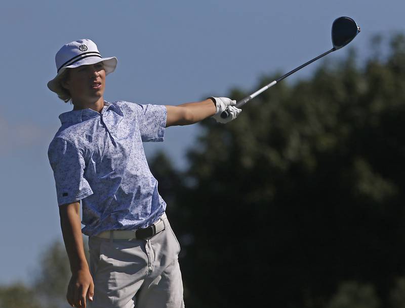 Burlington Central’s Tyler Samaan watches his tee shot on the 10th hole during the Fox Valley Conference Boys Golf Tournament Wednesday, Sept. 25, 2024, at RedTail Golf Club in Lakewood.
