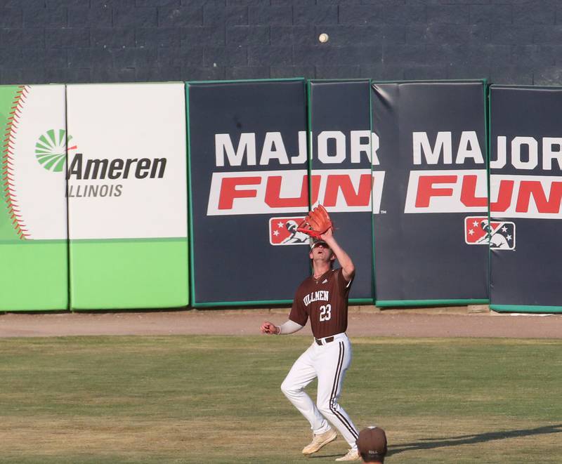 Joliet Catholic right fielder Trey Swiderski makes a catch during the Class 2A State semifinal game on Friday, June 2, 2023 at Dozer Park in Peoria.