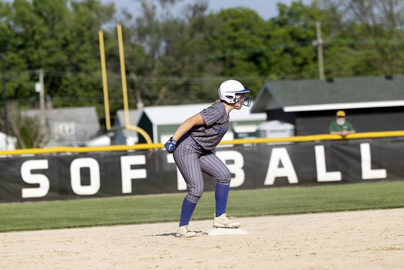 Princeton’s Samantha Woolley celebrates a double against Rock Falls Wednesday, May 15, 2024 a the Class 2A regional softball semifinal.