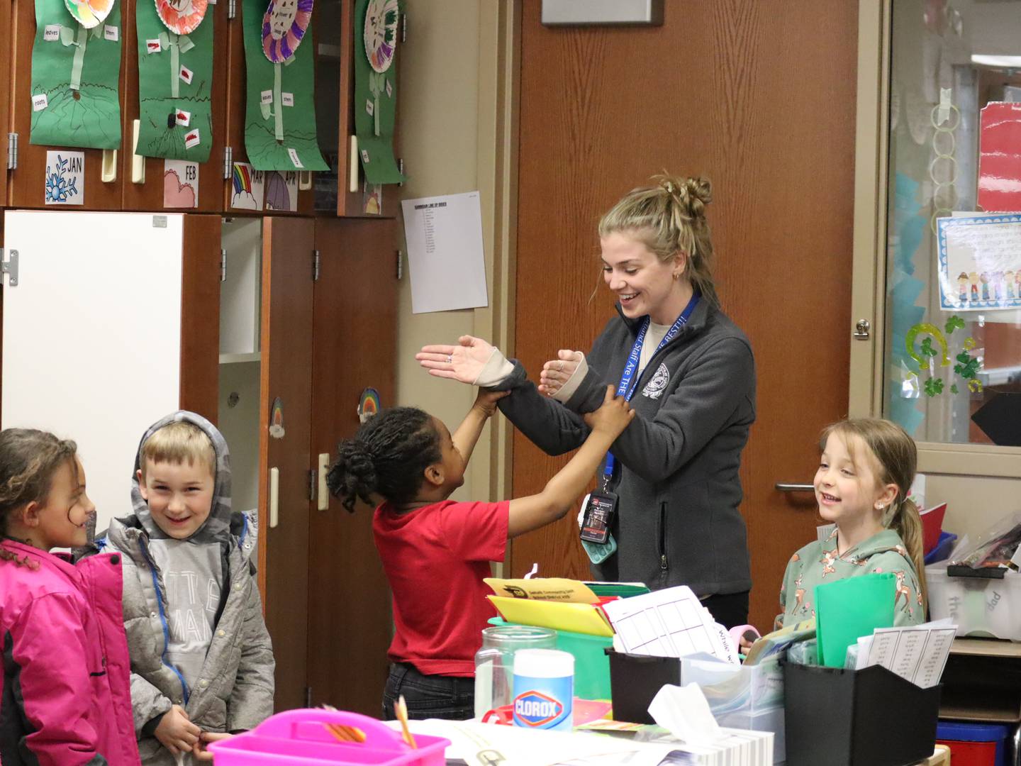 Corland Elementary School kindergarten teacher Bree Hannigan works with a student during the 2024-2025 school year.