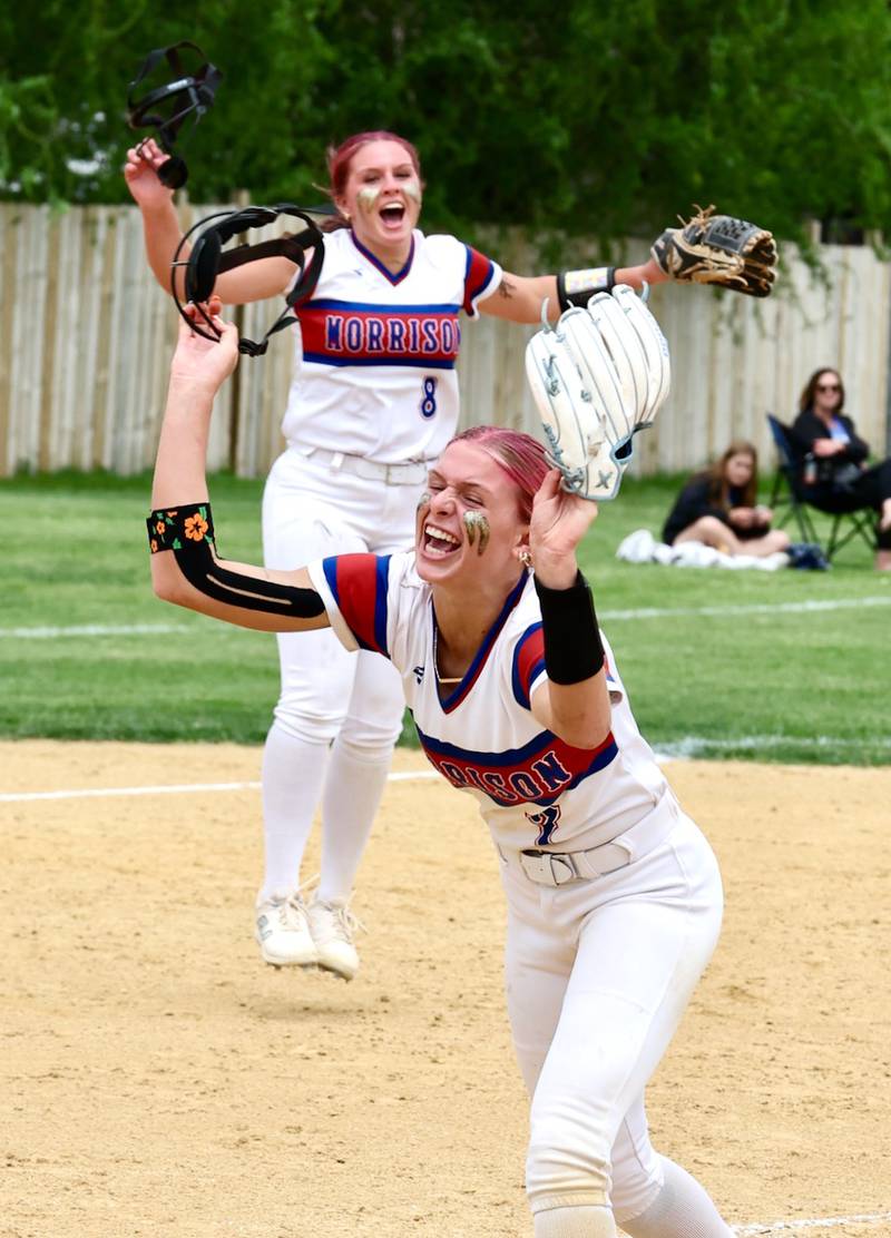 Morrison pitcher Bella Duncan and third baseman Madi Armitage celebrate the last out in Saturday's regional championship at Princeton. The Fillies beat Princeton 9-0 to advance to the Class 2A Woodstock Marian Sectional on Wednesday.