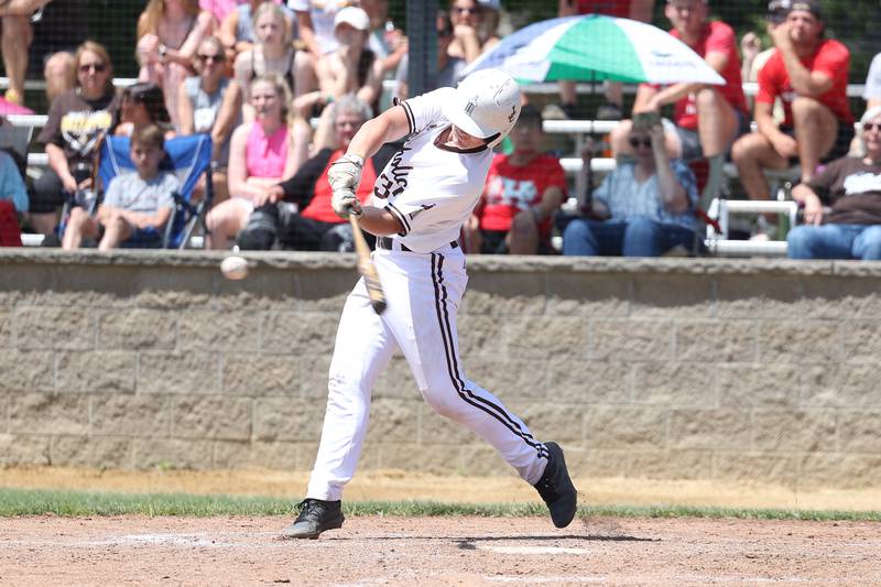 Joliet Catholic’s Zach Pomatto drives in a run against Spring Valley Hall in the Class 2A Geneseo Supersectional on Monday, May 29, 2023 in Geneseo.