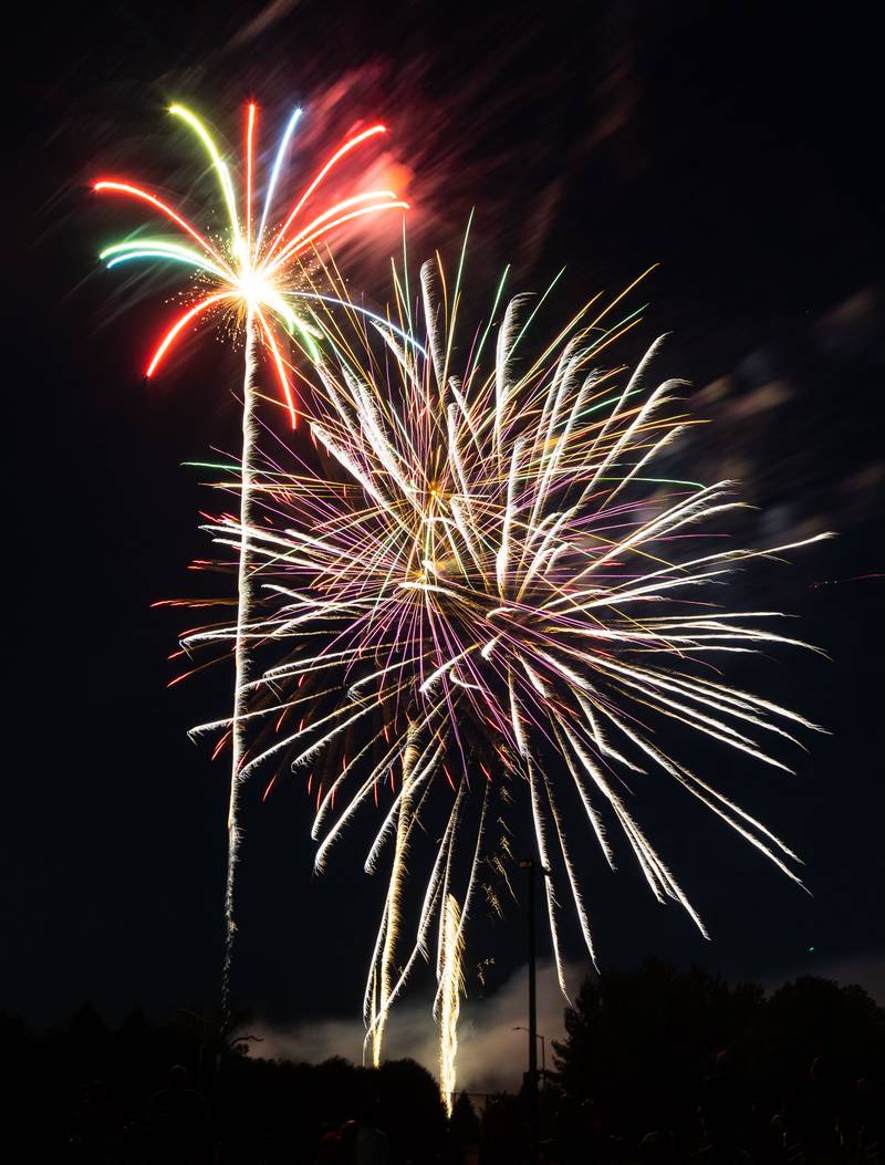 The “July 4th Fireworks” soar through the air at Langum Park in St. Charles on Friday, July 4, 2025.