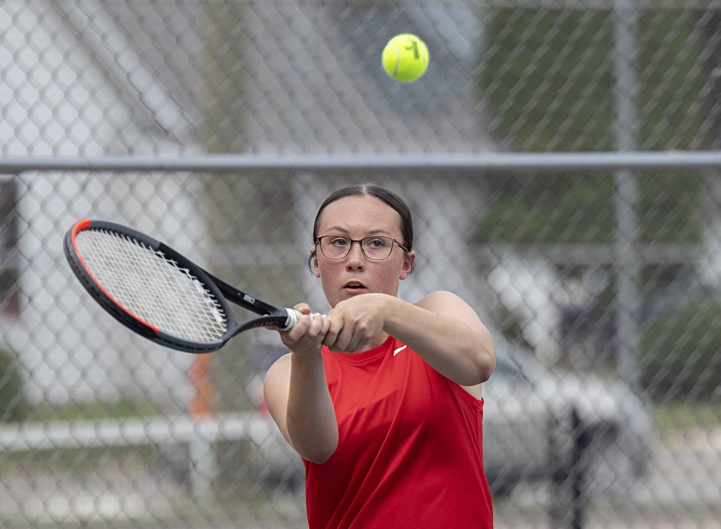 Rachel Lance returns a shot during a doubles match Thursday, July 27, 2023 at the Emma Hubbs Tennis Classi