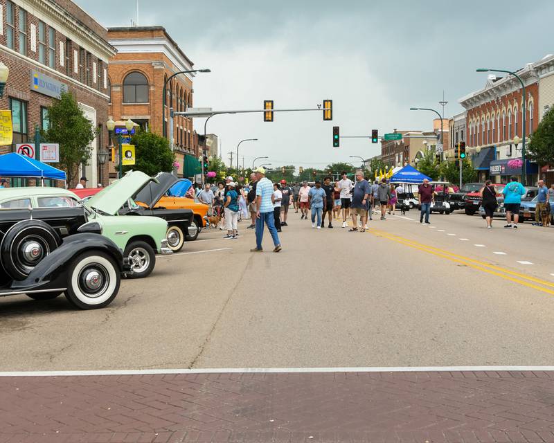 Cars line State Street for blocks in downtown Sycamore during the 24th annual Fizz Ehrler Memorial Turning Back Time Car Show held on Sunday, July 28, 2024.