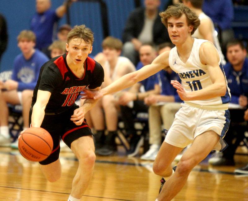 Batavia’s Nate Nazos drives toward the basket during a game at Geneva on Friday, Feb. 3, 2023.