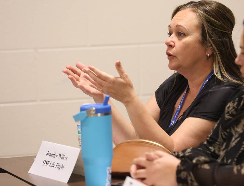 OSF Life Flight Outreach Coordinator Jennifer Wilkes speaks during the Starved Rock Safety Update meeing on Monday, May 11, 2026 at the Utica Fire Station. The meeting serves as an opportunity to discuss safety, visitor experience, and general updates related to the park.