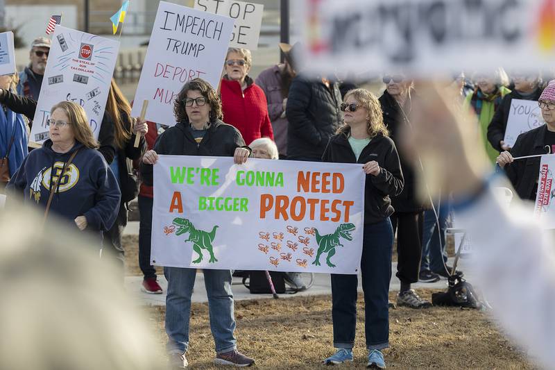 Over 250 protestors gathered Tuesday, Feb. 25, 2025, at Grandon Civic Center in Sterling to voice their feelings on the Trump administration, Elon Musk and other topics of contention. The demonstration was organized by Action for a Better Tomorrow Sauk Valley.