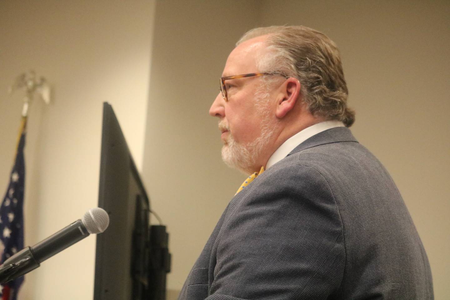 Jeff Liesendahl, co-chairperson of the presidential task force on the revitalization of Greek life at NIU, speaks April 10, 2023 at the DeKalb City Council meeting.