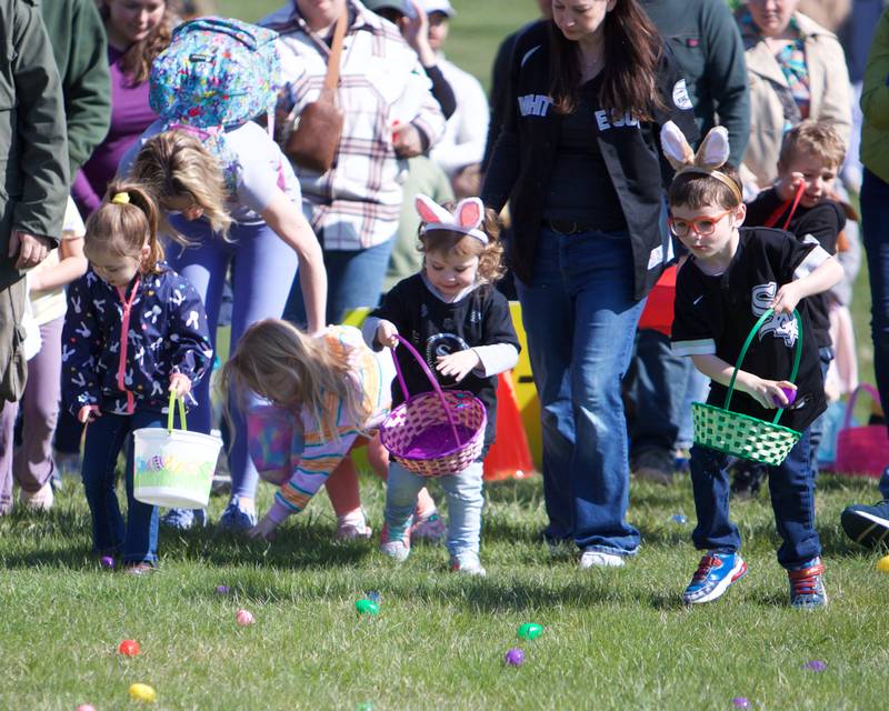 Kids running to find the eggs at the  Batavia Easter Egg Hunt at Clark Island Recreation area on Saturday, April 12, 2025 in Batavia.