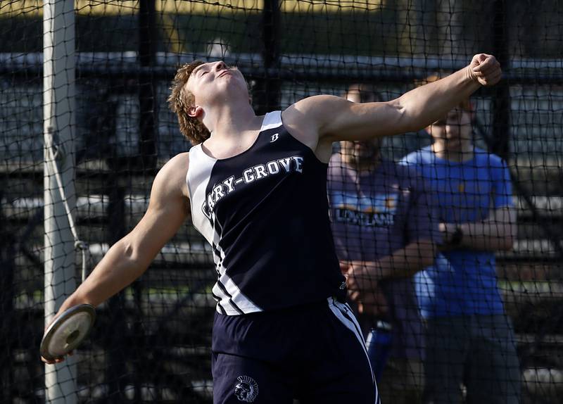 Cary-Grove’s Zachary Petko throws the discus during Fox Valley Conference boys track and field meet Friday, May 13, 2022, at Crystal Lake Central High School.