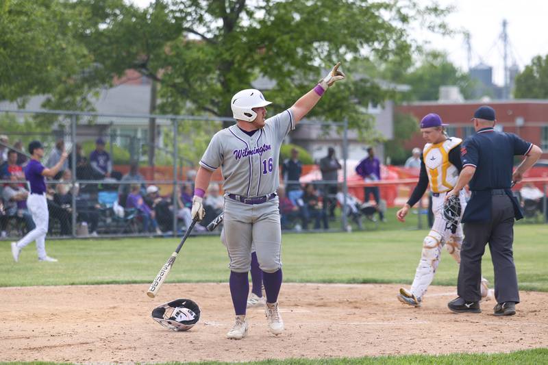Wilmington's Zach Ohlund signals to teammate Cooper Holman at second base during the Wildcats' 7-2 victory over Chicago Christian in the IHSA Class 2A Beecher Sectional semifinal on Thursday, May 29, 2025.