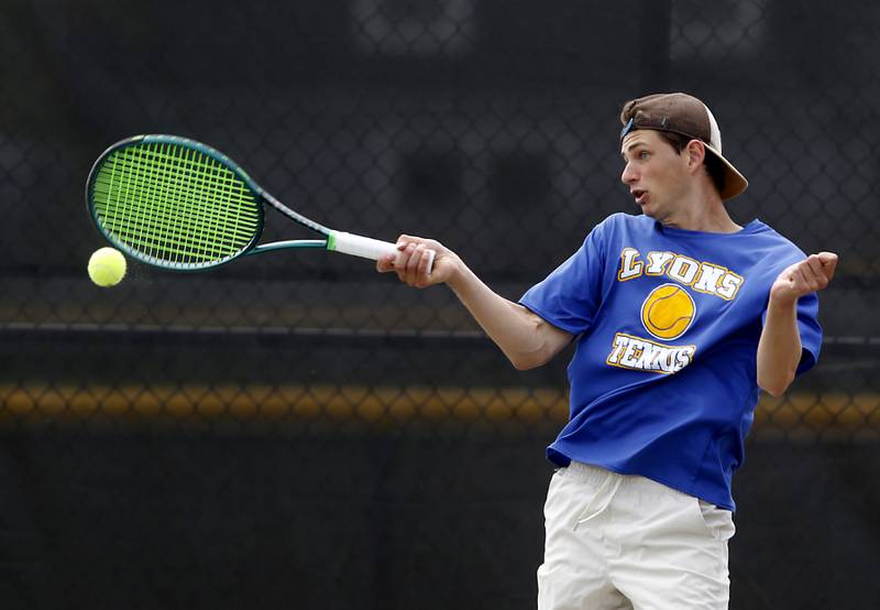 Lyons’ Shay Sweigard returns the ball as he competes in the Class 2A Boys State Tennis Tournament on Thursday, May 29, 2025, at Fremd High School, in Palatine.