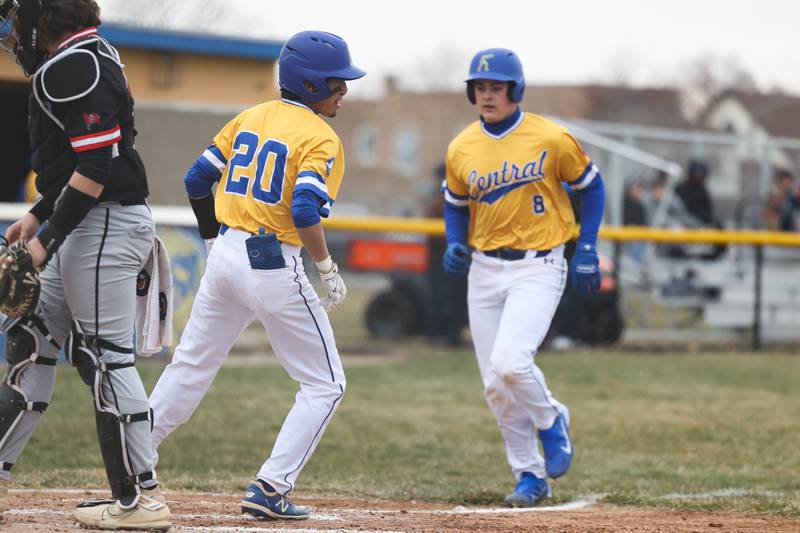 Joliet Central’s Nathan Maldonado heads to first after drawing a bases loaded walk against Bolingbrook on Tuesday, March 21st. 2023.