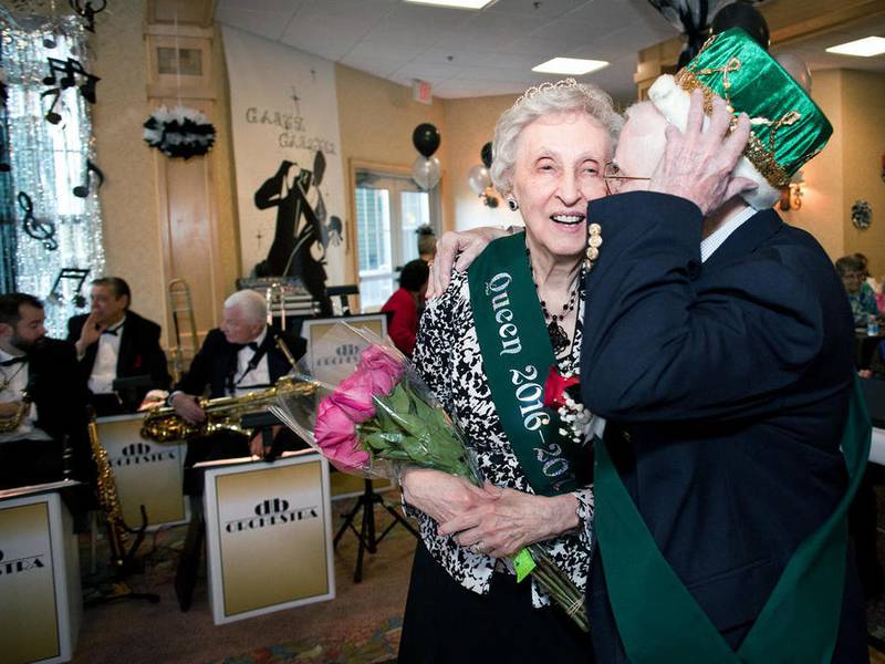 Bob McGarry and Ruth Koppen were crowned 2016 King and Queen and during The Timbers of Shorewood's 13th annual Seniors’ Senior Prom titled, “Top Hats & Bow Ties” June 24 in Shorewood. McGarry kisses Koppen on the cheek during the ceremony.
