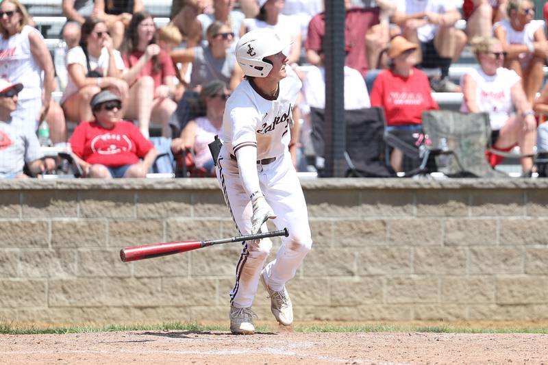 Joliet Catholic’s Trey Swinderski drives in a run against Spring Valley Hall in the Class 2A Geneseo Supersectional on Monday, May 29, 2023 in Geneseo.