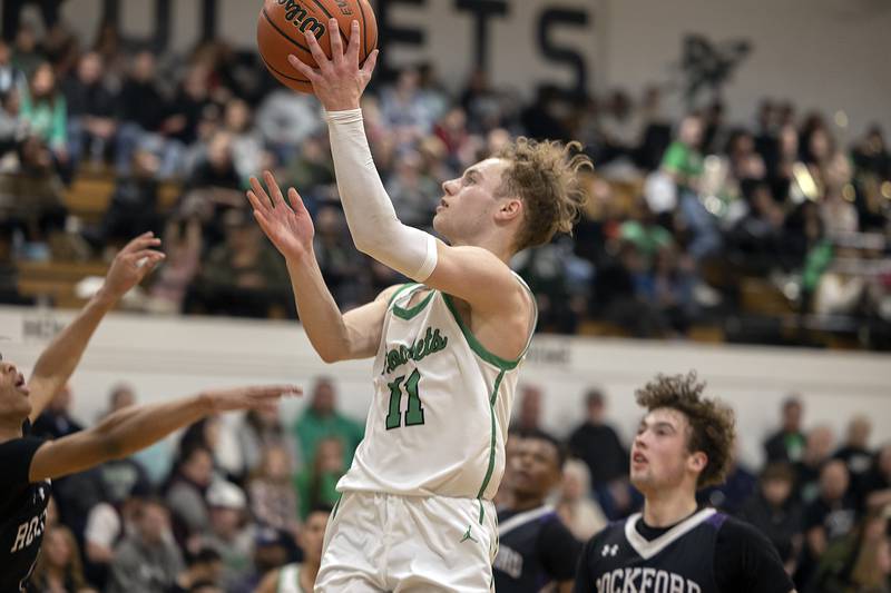 Rock Falls’ Gavin Sands goes strong to the hoop Friday, Feb. 3, 2023 against Rockford Lutheran.