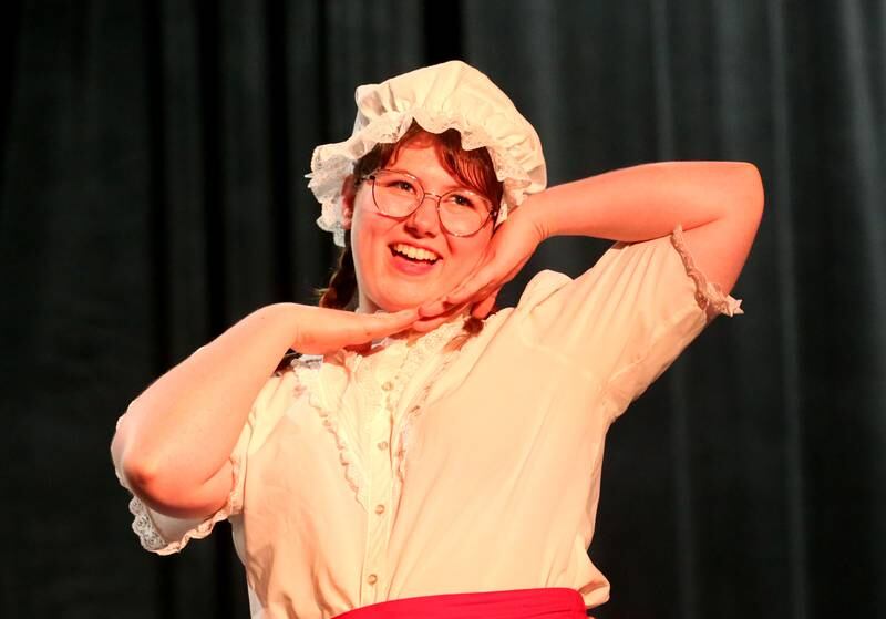 Kylie Atkins acts out a scene during a rehearsal of "The Trail to Oregon!" on Wednesday, Sept. 5, 2024, at Stage 212 in La Salle.