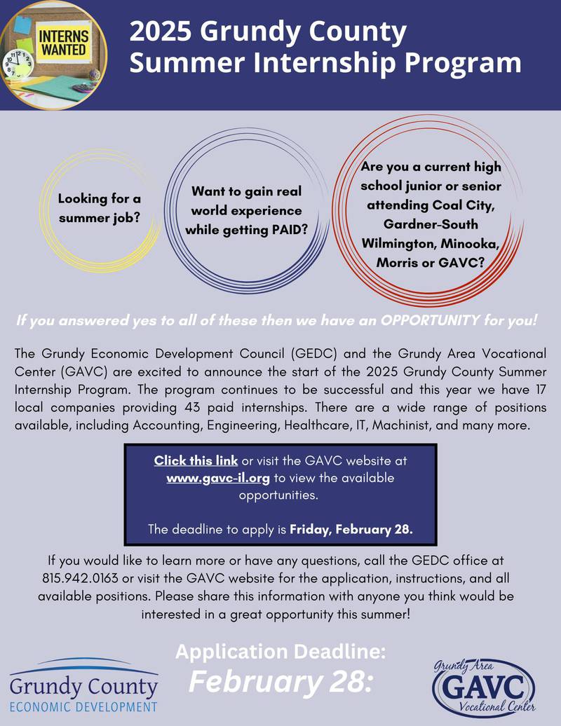 The flyer for the 2025 Grundy County Summer Internship program.