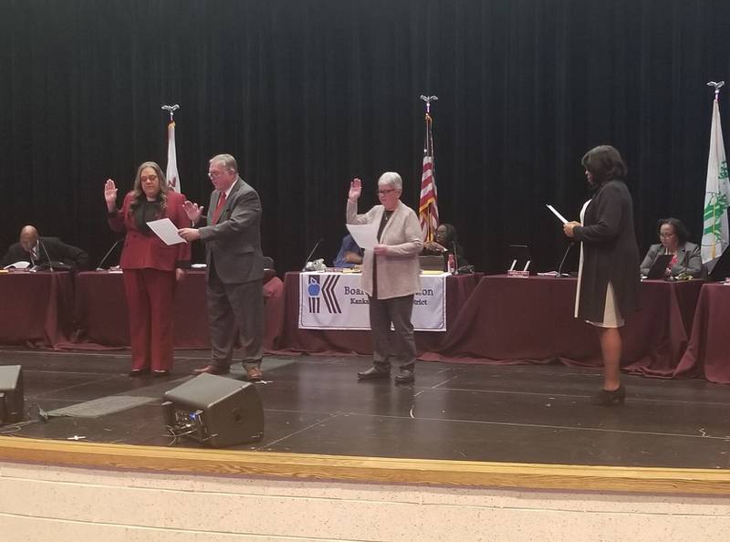Suzanna Berrones, Chris Bohlen and Deb Johnston take an oath to serve on the Kankakee School Board during a special meeting at Kankakee High School in 2023. After Johnston died Nov. 16, 2024, the board is now seeking to appoint a new member to fill her seat for at least three months.